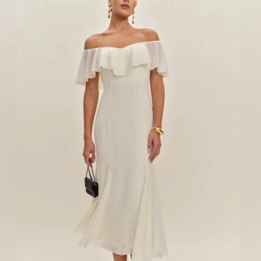 NWT Reformation Charee Ruffle Off Shoulder Short Sleeve Cape Midi Maxi Dress - Picture 2 of 16